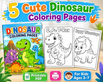 Dinosaur Coloring Pages for Kids Ages 3-7, Printable PDF Activity (Instant Download)