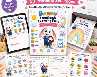 Beeny Emotional Learning Pack, 50 SEL Worksheets for Kids (Digital Download)