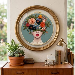 Pode incluir: Uma peça de arte em bastidor de bordado circular apresentando o retrato de uma pessoa com lábios vermelho-brilhantes, cujos olhos estão ocultos por um denso arranjo de flores bordadas coloridas em tons de laranja, rosa, azul e verde sobre fundo azul-petróleo.