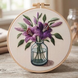 Può includere: Un telaio da ricamo circolare contenente un tessuto color bianco sporco con un disegno ricamato a mano di gigli viola in un barattolo di vetro trasparente. La composizione floreale presenta petali viola vivaci, foglie verdi e steli visibili.