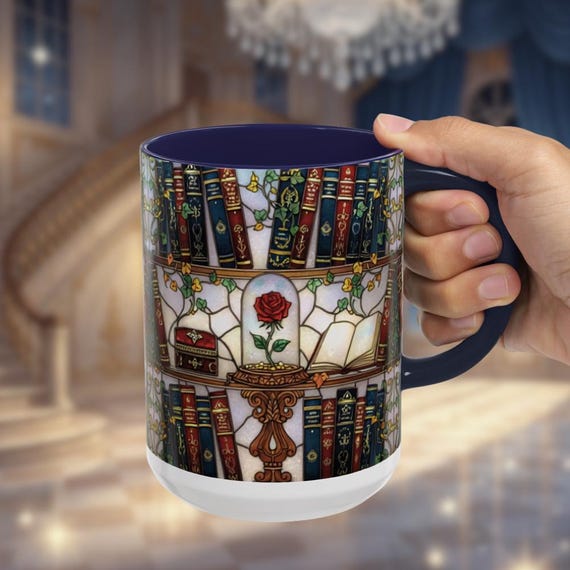 Enchanted Rose Library Mug, Stained Glass Bookshelf Coffee Cup, Beauty & the Beast Inspired Gift, Bookish Mug, Dark Academia Tea Cup, 15oz