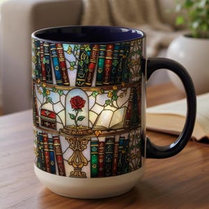 Taza de biblioteca con rosa encantada, taza de café con estantería de vitrales, regalo inspirado en La Bella y la Bestia, taza de libros, taza de té Dark Academia, 15 oz imagen 2
