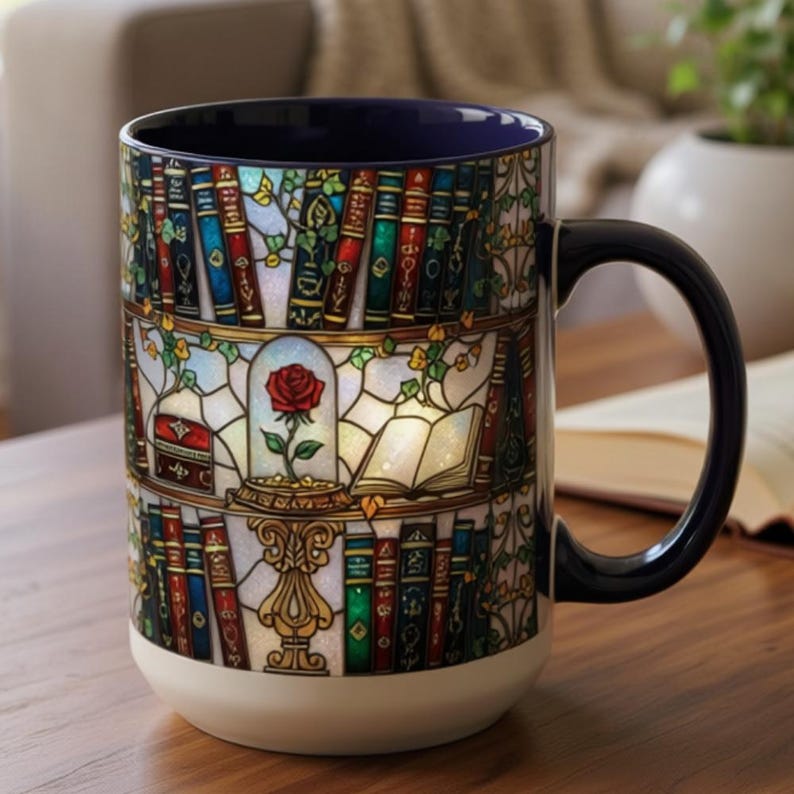 Taza de biblioteca con rosa encantada, taza de café con estantería de vitrales, regalo inspirado en La Bella y la Bestia, taza de libros, taza de té Dark Academia, 15 oz imagen 2