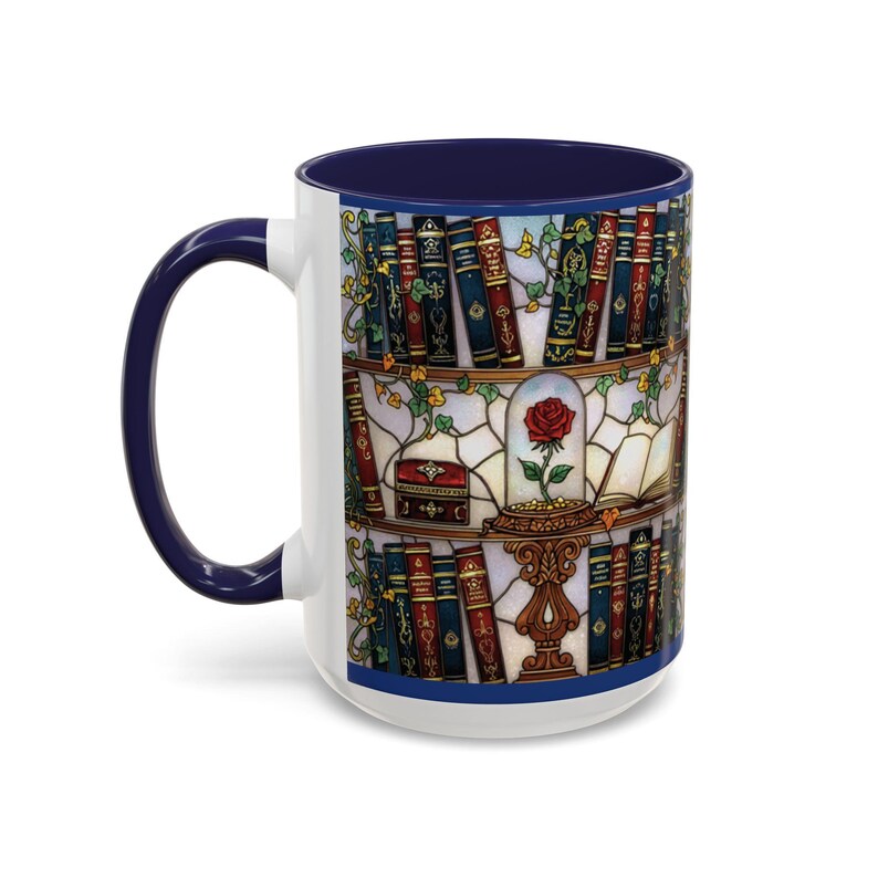 Taza de biblioteca con rosa encantada, taza de café con estantería de vitrales, regalo inspirado en La Bella y la Bestia, taza de libros, taza de té Dark Academia, 15 oz imagen 3