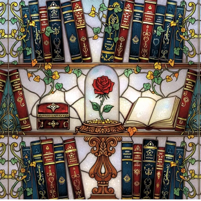 Taza de biblioteca con rosa encantada, taza de café con estantería de vitrales, regalo inspirado en La Bella y la Bestia, taza de libros, taza de té Dark Academia, 15 oz imagen 5