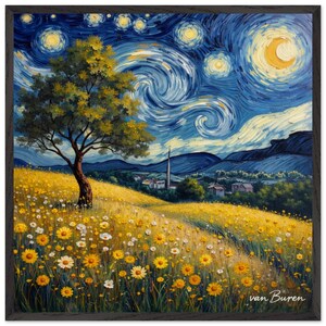 Op de afbeelding: Een ingelijste print van een landschapsschilderij in de stijl van Van Gogh. Het kunstwerk toont een veld met gele bloemen, een boom en een dorp onder een wervelende nachthemel met een halve maan en sterren. De naam van de kunstenaar, "van Buren", staat rechtsonder.