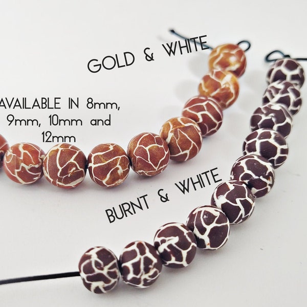 Gold and white beads/ handmade beads/ burnt and white Beads/ gold clay beads/ brown beads/ 10mm round beads/ animal print beads supply