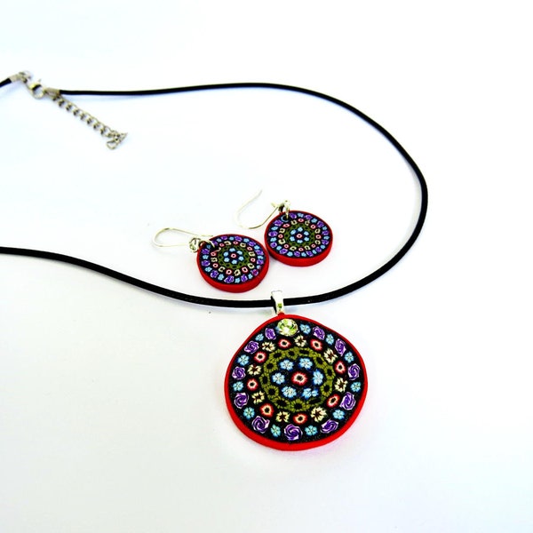 Millefiori necklace set/ Artisan necklace/ Unique necklace/ Stunning necklace set/ Handmade necklace and earrings set/ Flower necklace