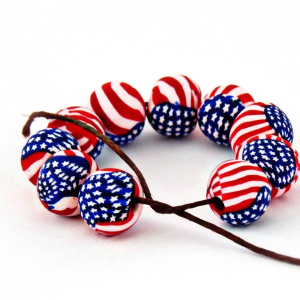 USA Flag beads, Star artisan beads, White red and Blue beads, Round beads, Handmade beads, blue beads, Flag beads, Shygar beads, flag beads