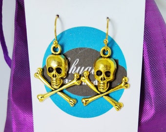 Halloween skull earrings with cross/ Halloween Jewelry/ Gold Skull earrings/ Spider earrings/ Halloween earrings/ Bat earrings