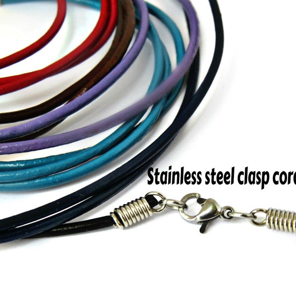 7'' to 36'' Stainless steel clasp cords/ Black Leather cords/ Blue leather cords/ Dark blue cords/ Red leather cord/ Turquiose leather cord