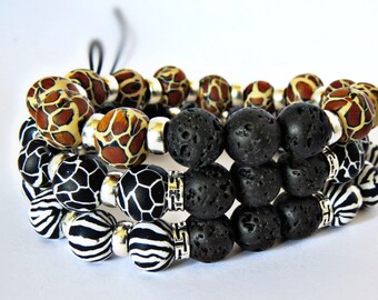 Men's bracelet/ Animal print stretchable bracelet/ Womens bracelet/ Handmade bracelet/ Essential oil bracelet/ Artisan bracelet/ Unique gift