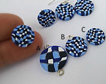 Blue plaid beads/ unique beads/ handmade beads/ polymer clay beads/ flat round beads/ plaid design/ beads for earrings/ jewelry supply