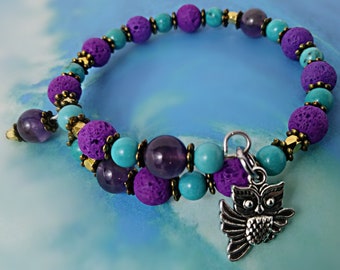 Purple bracelet/ Animal charm bracelet/ Essential oil diffuser bracelet/ diffuser bracelet/ Amethyst bracelet/ unique bracelet/ Owl bracelet