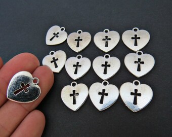 8 Heart and cross charms antique silver tone C113