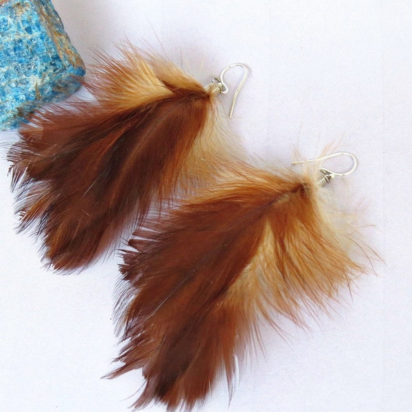 Feather earrings/ Real chicken feather earrings/ Dangle earrings/ Feather jewelry/ Dark brown feathers/ Unique gift for her/ Unique earrings