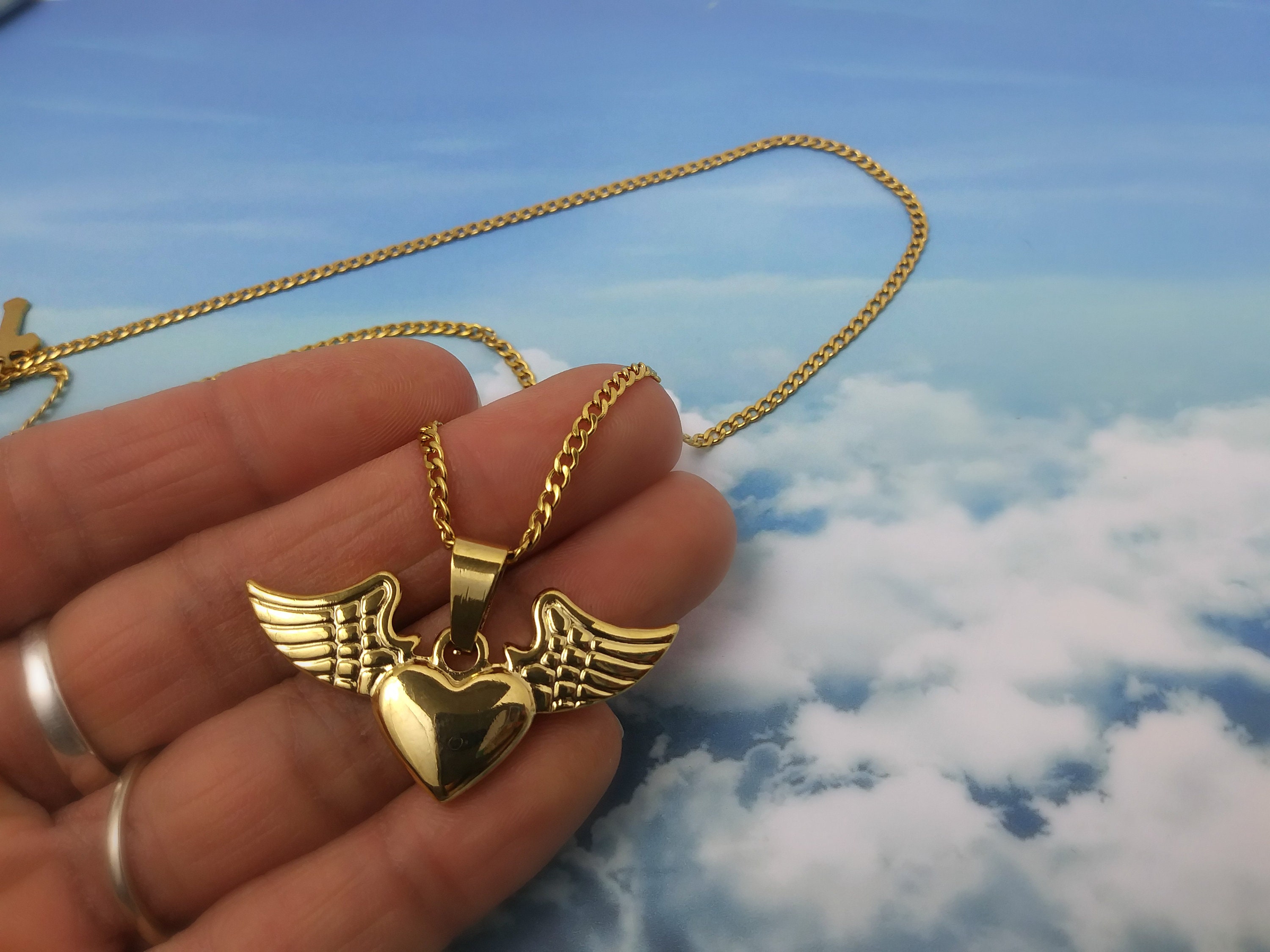Golden heart with wings stainless steel necklace/ Dainty Etsy