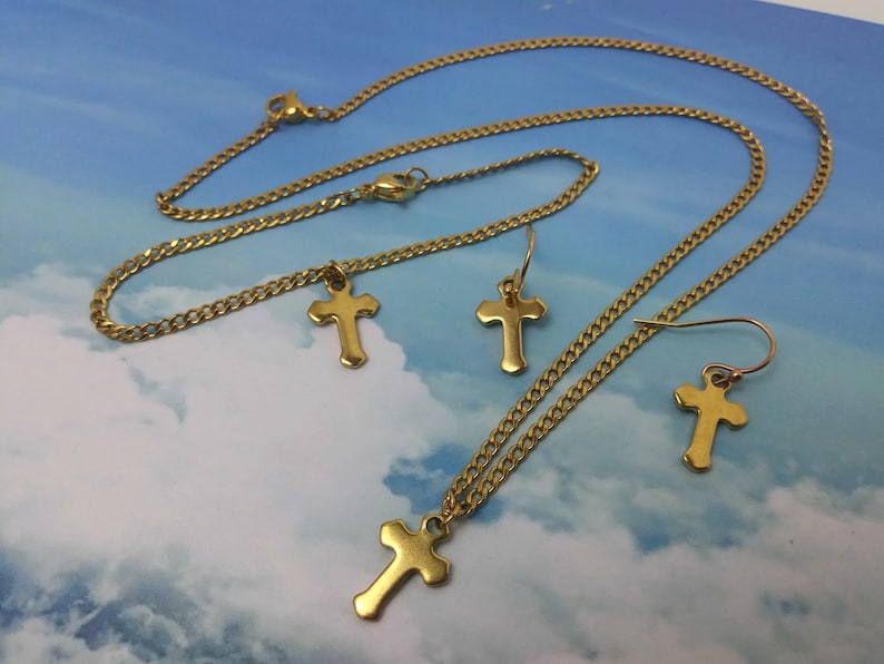 Cross stainless steel necklace and earrings Dainty necklace and earrings set Women/'s necklace Gold necklace Gold Cross jewelry Cross