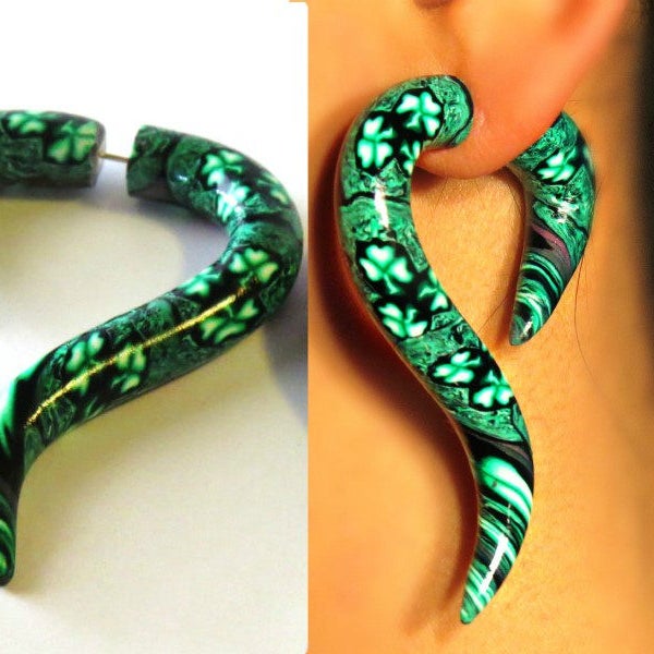 Shamrock nep oordopjes, St. Patrick day, oordopjes, groene oordopjes, nep earring gauge, handgemaakte nep oordopjes, groene oorbellen, fakers