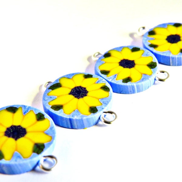 Sunflower beads/ handmade beads/ Yellow beads/ flat round beads/ flower beads/ yellow beads/ flat beads/ jewelry making supply/ clay beads