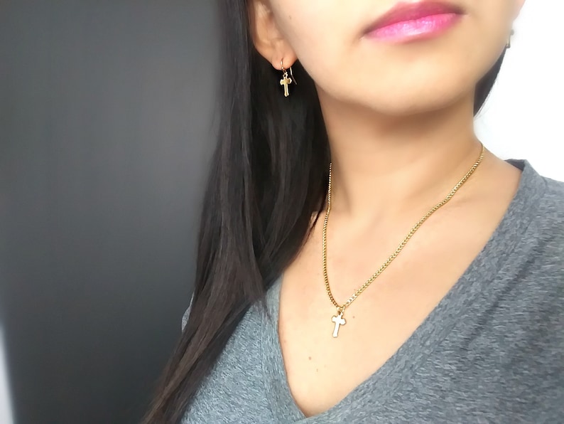 Cross stainless steel necklace and earrings Dainty necklace and earrings set Women/'s necklace Gold necklace Gold Cross jewelry Cross