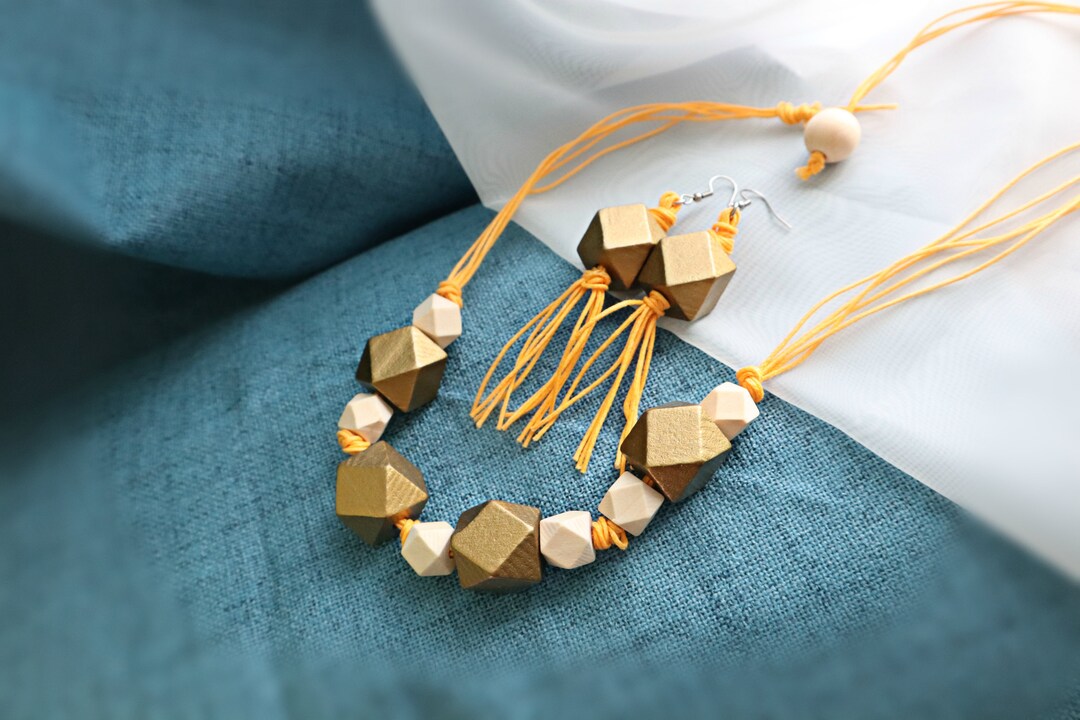 Gold and Mustard Jewelry Set/ Ecofriendly Wooden Jewelry Set/ Etsy