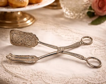 Pinça de servir vintage banhada a prata, estilo tesoura, ornamentada para doces, bolos e saladas.