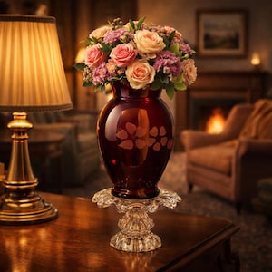 ヴィンテージ アンカーホッキング ロイヤルルビーレッド ガラス花瓶 ガラス台座付き