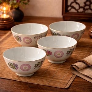 May include: Four white ceramic bowls with a gold rim and floral and circular designs. The bowls are arranged on a bamboo mat. The floral designs include pink, green, and purple flowers.