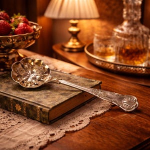 Puede incluir: Una cuchara de servir plateada con un diseño floral descansa sobre un libro antiguo con una cubierta verde. El cuenco de la cuchara tiene forma de hoja. Fresas en un cuenco dorado y una jarra en el fondo.