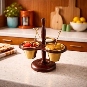 Vintage Wooden Condiment Caddy Gold Tone Bowls Mid Century Serving Set