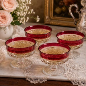Puede incluir: Un juego de tres copas de cristal con borde rojo intenso y base transparente texturizada. Cada cuenco de boca ancha está lleno de un líquido dorado espumoso, mostrando un patrón decorativo en la parte inferior del cristal y un tallo corto.