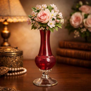 ヴィンテージのルビーレッドガラス製一輪挿し。透明な脚付き台座と細身の首が特徴です。