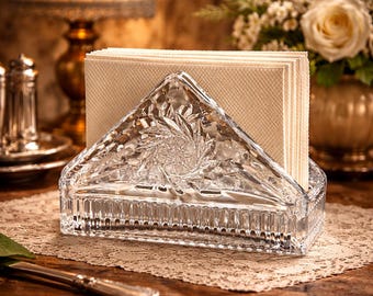 Vintage Lead Crystal Napkin Holder Starburst Pattern Clear Cut Glass