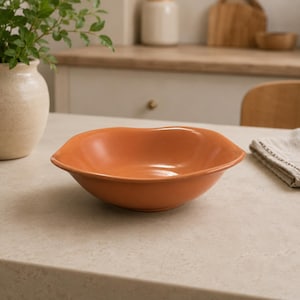 Vintage Mid Century Modern Ceramic Coupe Bowl Solid Orange Glaze Curved Rim | Maker Unknown