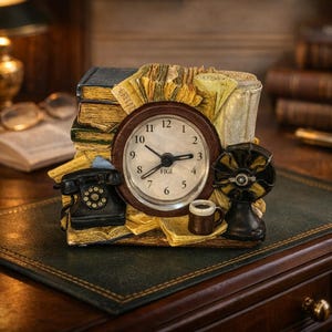 Vintage Figi Work In Progress Resin Desk Clock With Books Telephone And Coffee Cup