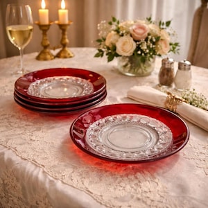 Könnte beinhalten: Ein romantischer Tisch mit roten Glasplatten und transparenten Glaseinsätzen. Die Teller sind auf einer Spitzentischdecke angeordnet, zusammen mit einem Weinglas, Kerzen und einem Blumengesteck. Salz- und Pfefferstreuer sind ebenfalls zu sehen.