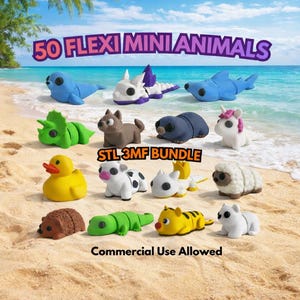 Könnte beinhalten: Eine Sammlung von 3D-gedruckten Mini-Tierfiguren in verschiedenen Farben, darunter eine blaue Robbe, ein grüner Dinosaurier und eine gelbe Ente. Das Bild enthält den Text "50 Flexi Mini Animals" und "Commercial Use Allowed."
