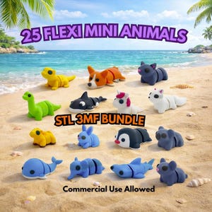Puede incluir: Una colección de miniaturas de animales impresas en 3D, incluyendo un dinosaurio, una ballena y un pingüino, expuestas en una playa de arena. La imagen incluye el texto "25 Flexi Mini Animals", "STL 3MF Bundle" y "Commercial Use Allowed".