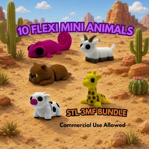 May include: A collection of ten flexible mini animal figurines, including a pink chameleon, a white goat, a brown bear, a yellow giraffe, and a black and white cow. The text "10 FLEXI MINI ANIMALS" is displayed above the figurines. The text "STL 3MF BUNDLE" and "Commercial Use Allowed" are also visible.