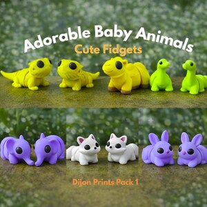 Puede incluir: Colección de juguetes fidget de animales bebés. Los juguetes incluyen lagartos amarillos, dinosaurios verdes, elefantes morados, gatos blancos y conejos morados. El texto "Adorable Baby Animals Cute Fidgets" está en la parte superior y "Dijon Prints Pack 1" en la inferior.