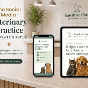 Puede incluir: Un paquete de plantillas para redes sociales de clínica veterinaria con un smartphone y una tablet que muestran contenido de salud animal. Las pantallas presentan la marca Pawsitive Care, consejos dentales e imágenes de un gato y un perro.
