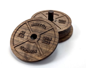 Solid Walnut Barbell Plate Coasters - Gym Decor Drink Coasters (Set of 4 with Stand)