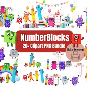 May include: A collection of colorful NumberBlocks clipart in a PNG bundle. The image features various block characters with party hats, balloons, and a rainbow. Text on the image reads "NumberBlocks 20+ Clipart PNG Bundle" and "Digital Download".