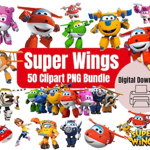 May include: A digital download graphic bundle featuring various cartoon airplane characters from the Super Wings series. The image includes the text "Super Wings 50 Clipart PNG Bundle" and a "Digital Download" icon.