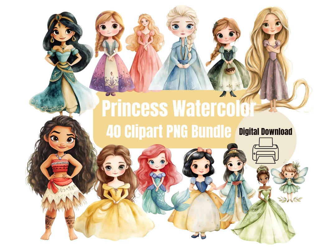 Watercolor Princess Clipart PNG Bundle, Fairytale Party Decor (digital ...