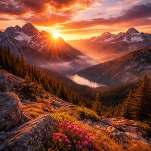 May include: A scenic landscape photograph of a mountain range at sunset. The sun's rays burst through the clouds, illuminating the snow-capped peaks and a valley with a lake. Lush green trees and pink flowers dot the foreground.