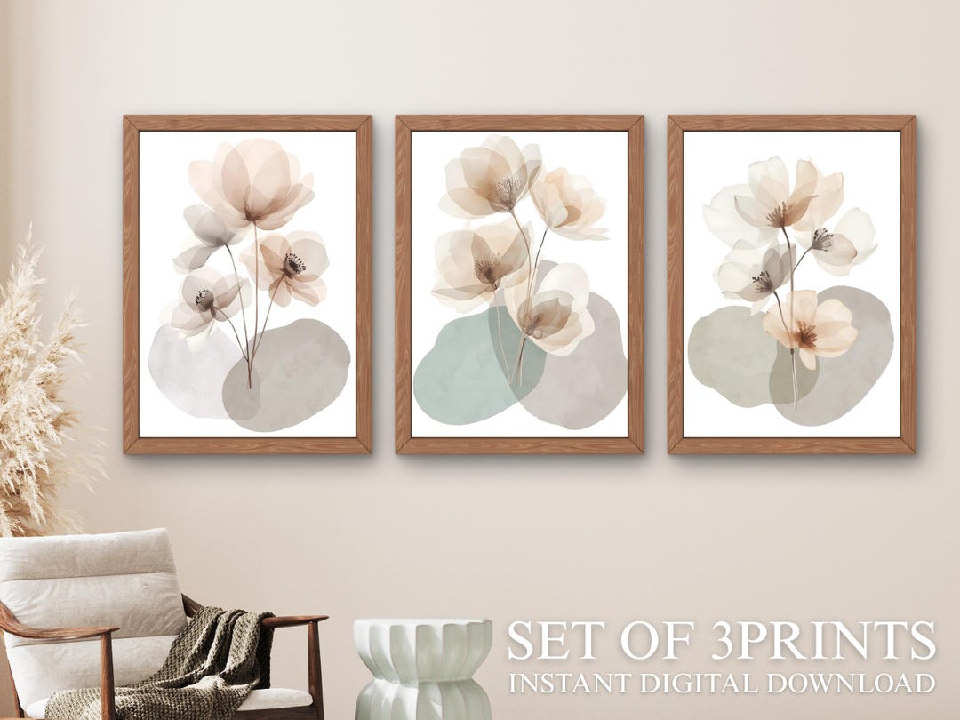 Beige Floral Wall Art Set of 3 Printable, Neutral Botanical Prints ...