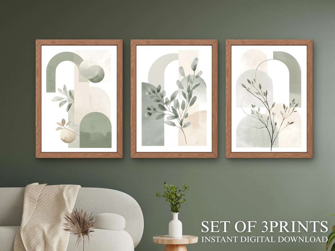 Sage Green Abstract Wall Art Set of 3 Printable, Botanical Geometric ...