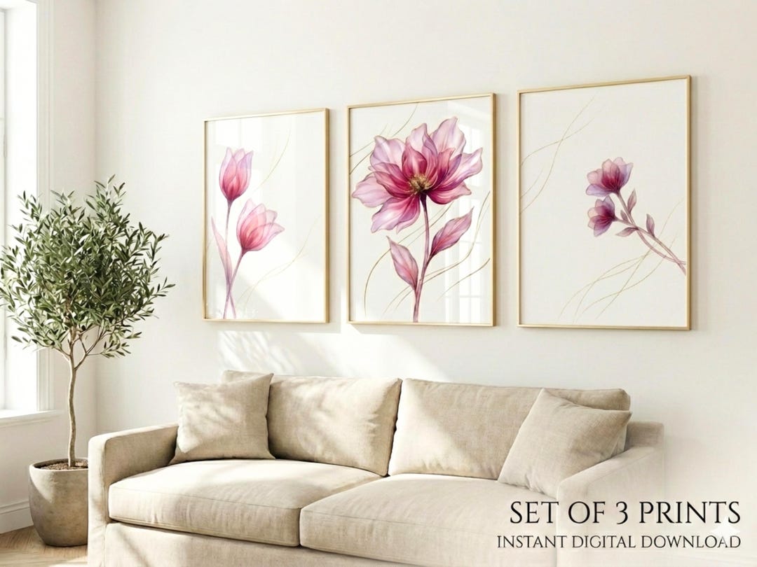 Dusty Pink Floral Wall Art Set of 3 Printable, Blush Flower Prints ...